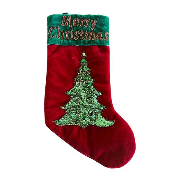 Santa’s Best Sequin Christmas Stocking – Red Velvet w/ Green Tree Design - Picture 1 of 5